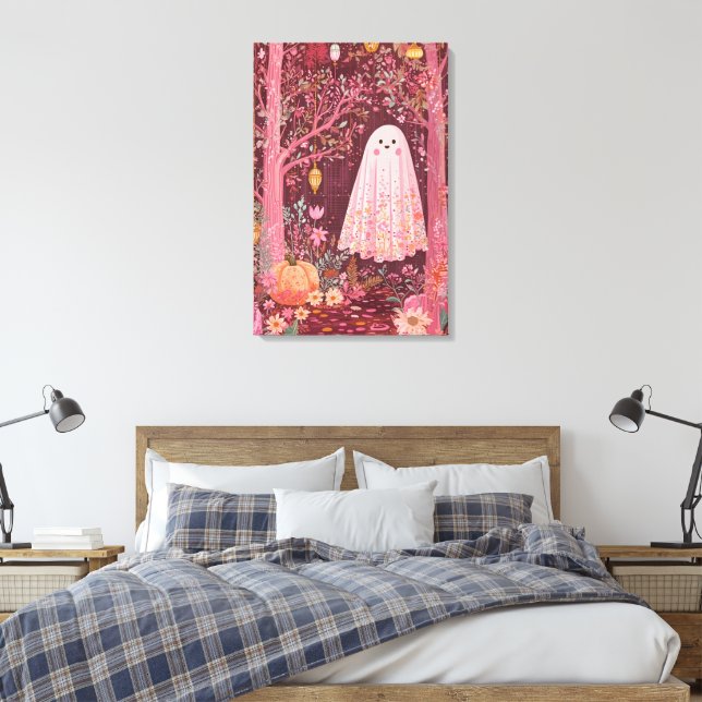 Whimsical Pink Ghost im verzauberten Blumenwald Leinwanddruck (Insitu (Schlafzimmer))