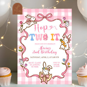 Whimsical Pink Gingham Bunny Hop TWO it 2. Geburts Einladung