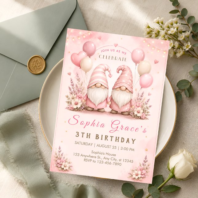 Whimsical Pink Gnom 3. Geburtstag Einladung (Von Creator hochgeladen)