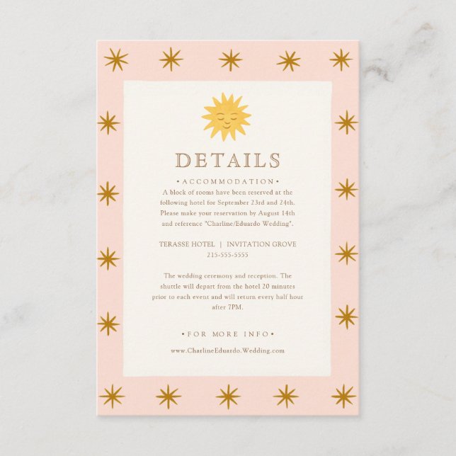 Whimsical Pink & Gold Sun Wedding Details Card Begleitkarte (Vorderseite)