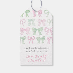 Whimsical Pink & Green Bows Baby Shower Fevor Tags Geschenkanhänger