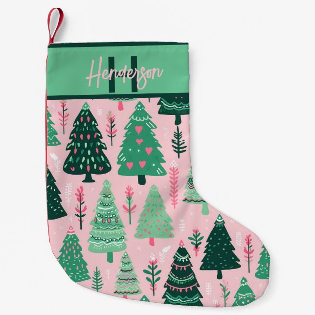 Whimsical Pink & Green Christmas Tree Pattern Name Kleiner Weihnachtsstrumpf (Vorderseite)