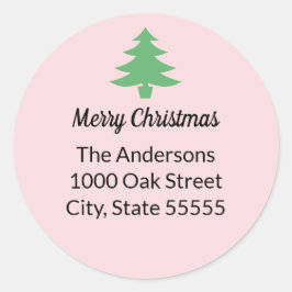 Whimsical Pink Green Christmas Tree Rücksendeadres Runder Aufkleber