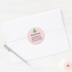 Whimsical Pink Green Christmas Tree Rücksendeadres Runder Aufkleber