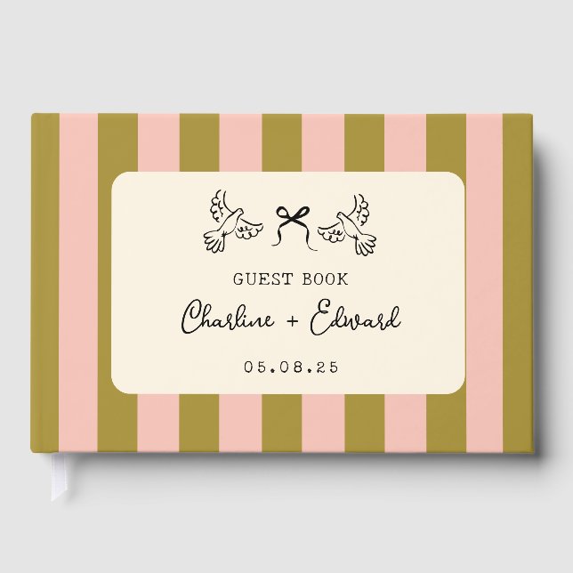 Whimsical Pink Green Striped Scribble Wedding Gästebuch (Vorderseite)