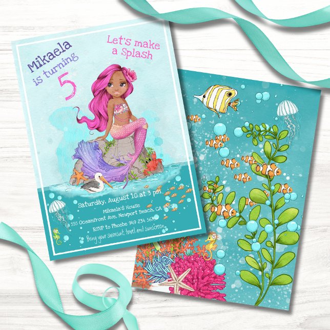 Whimsical Pink Hair Mermaid Girl Birthday Party Einladung (Von Creator hochgeladen)