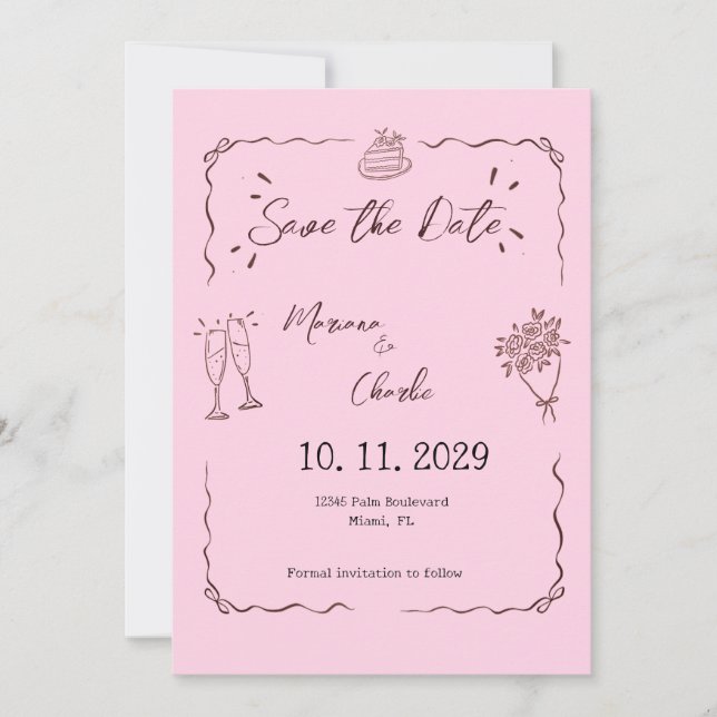 Whimsical Pink Hand Drawn Illustrated Wedding  Save The Date (Vorderseite)