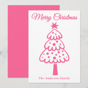 Whimsical Pink Hand gezogen Weihnachtsbaum Feiertagskarte