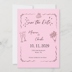 Whimsical Pink Handgezeichnete Illustrierte Hochze Save The Date