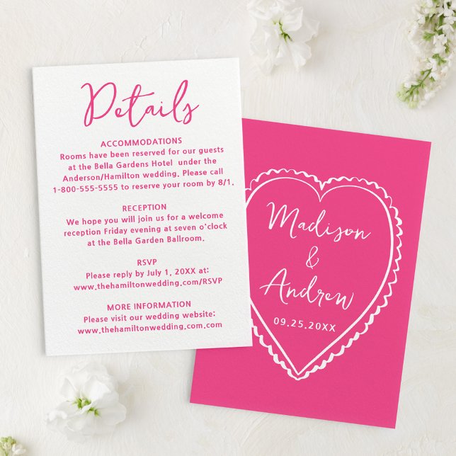 Whimsical Pink Heart Wedding Details Begleitkarte (Von Creator hochgeladen)