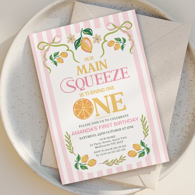 Whimsical Pink Lemon Main Squeeze 1. Geburtstag Einladung (Lemon Main Squeeze 1st Birthday Invitation Template, Main Squeeze 1st Birthday Invite, Whimsical)