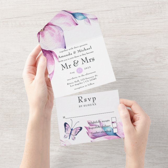 Whimsical Pink Magnolia Bloral Wedding All In One Einladung (Abreißen)