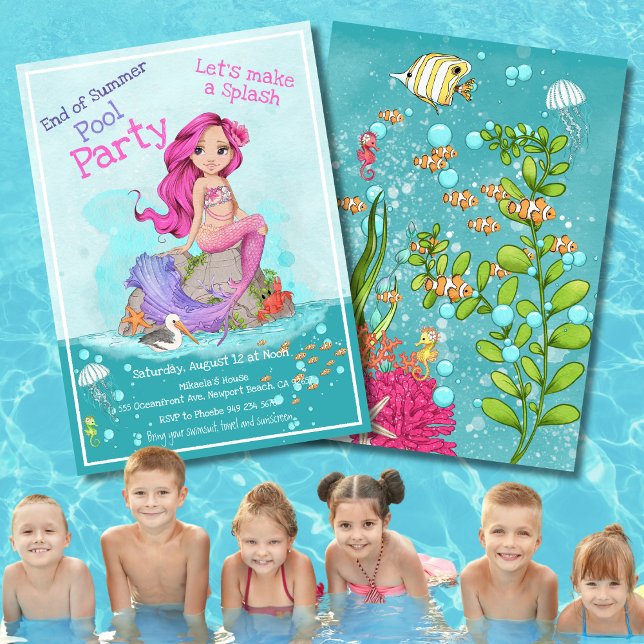 Whimsical Pink Mermaid Girl Summer Pool Party Einladung (Von Creator hochgeladen)