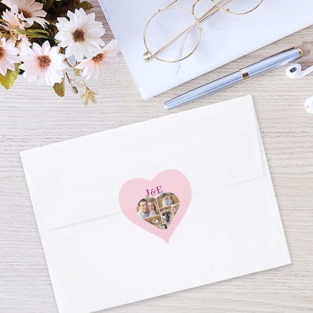Whimsical Pink Monogramed Heart Foto Collage Herz-Aufkleber (Pink personalized Heart shaped sticker)