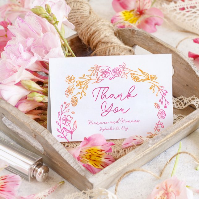 Whimsical Pink Orange Blume Handgezeichnet Dankeskarte (Von Creator hochgeladen)