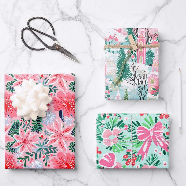 Whimsical Pink Pastel Christmas Holiday Festive Geschenkpapier Set (Vorderseite)
