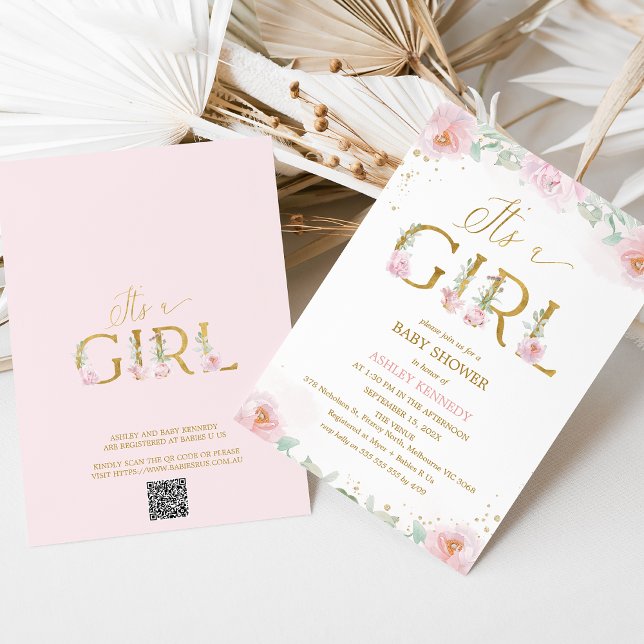 Whimsical Pink Peonies Es ist eine Girl Baby Dusch Einladung (It's a Girl baby Shower Invitation Template, Pink Floral Peonies Baby Shower Invitation Girl QR Code)