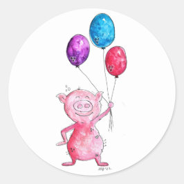 Whimsical Pink Pig mit Balloons Runder Aufkleber