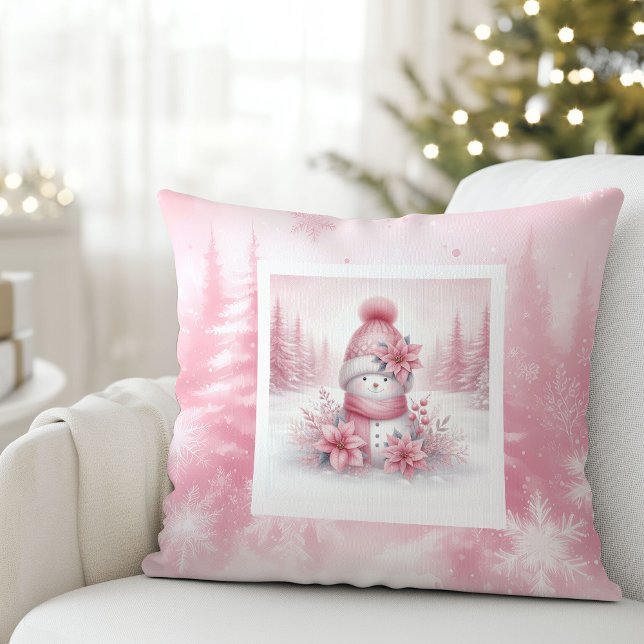 Whimsical Pink Pillow Snowman Pinkmas Forest Kissen (Whimsical Pink Pillow Snowman Pinkmas Forest)