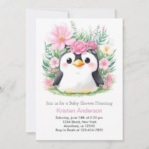 Whimsical Pink Pinguin Paradise Baby Dusche Einladung