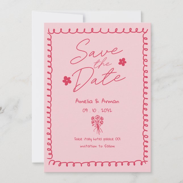 Whimsical Pink Pink Doodle Scribble Termin vormerk Einladung (Vorderseite)