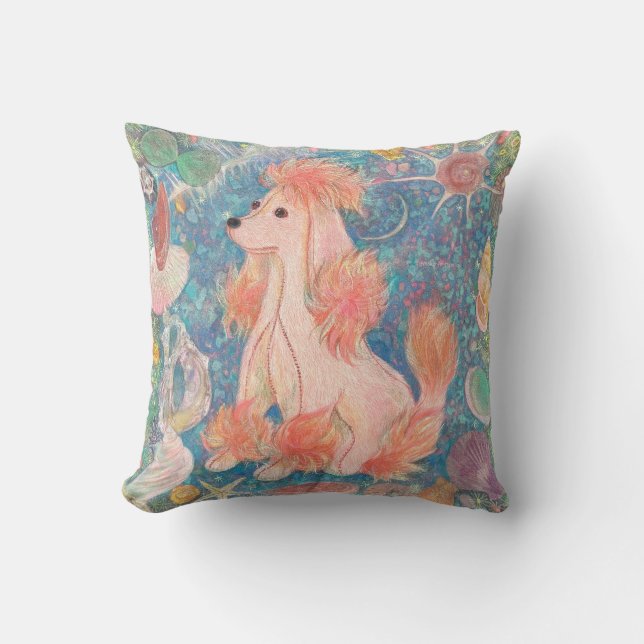 Whimsical Pink Poodle & Ocean Shells Cushion  Kissen (Vorderseite)