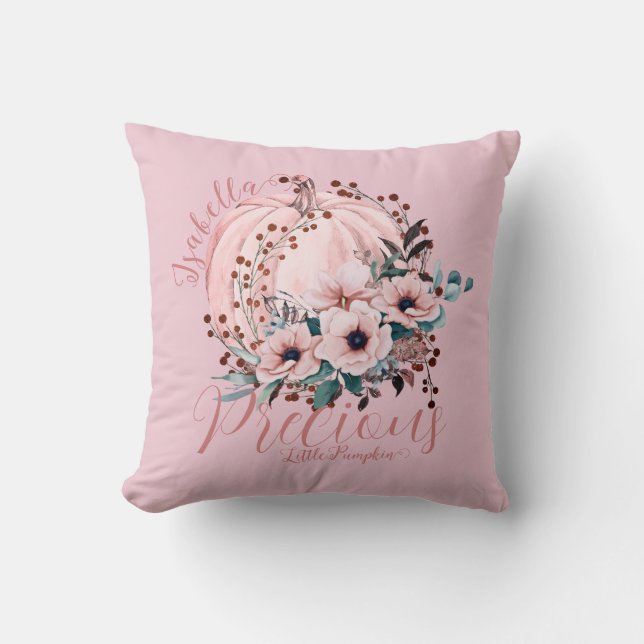Whimsical Pink Pumpkin Herbst Floral Girl Kissen (Vorderseite)