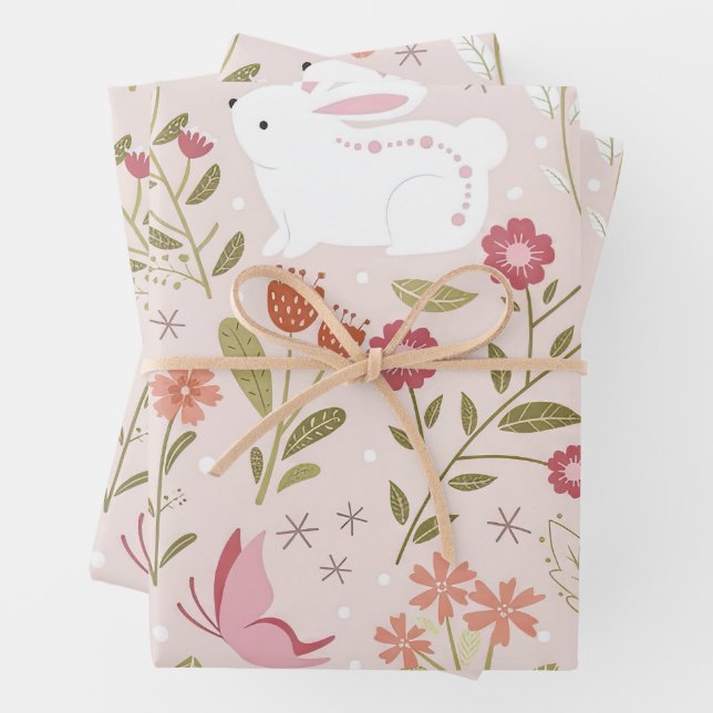 Whimsical Pink Rabbit and Floral Meadow Geschenkpapier Set (Beispiel)