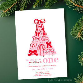 Whimsical Pink Red Bow Tree Girl 1. Geburtstag Einladung