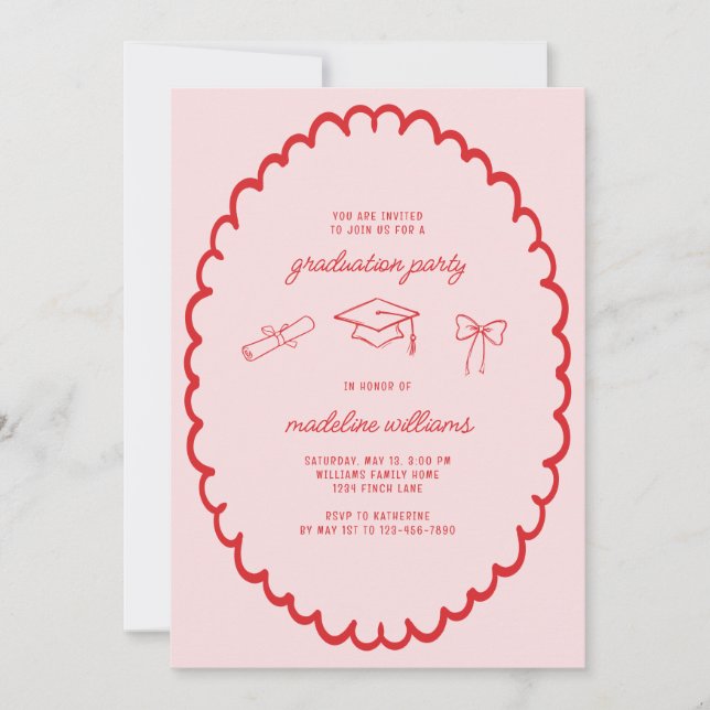 Whimsical Pink Red Graduation Party Einladung (Vorderseite)