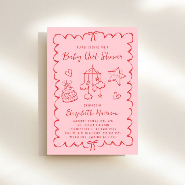 Whimsical Pink Red Wavy Frame Girl Dusche Einladung (Von Creator hochgeladen)