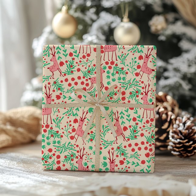 Whimsical Pink Reindeer and Winter Foliage Pattern Geschenkpapier (Von Creator hochgeladen)