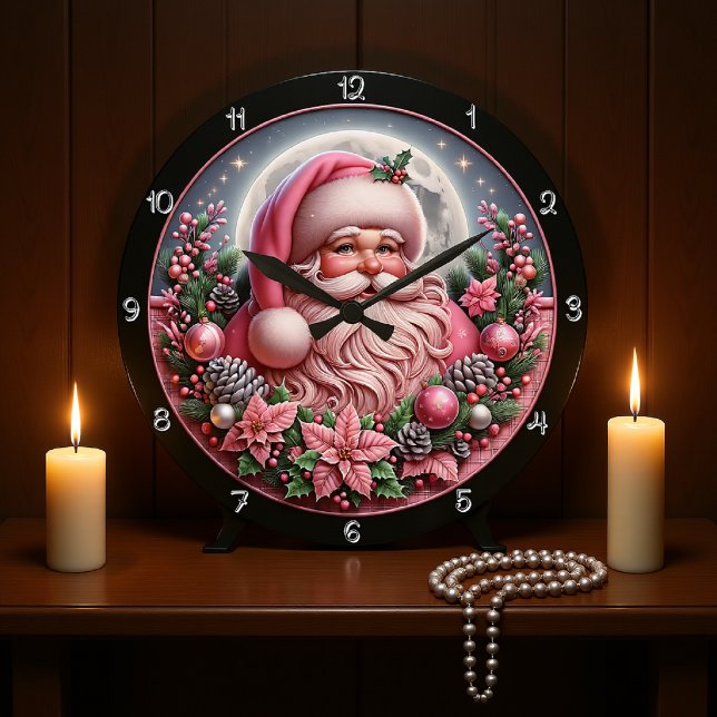Whimsical Pink Santa Christmas Grafik Große Wanduhr (Von Creator hochgeladen)
