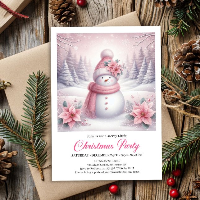 Whimsical Pink Snowman Editable Christmas Kids  Einladung (Whimsical Pink Snowman Editable Christmas Kids Invite File)