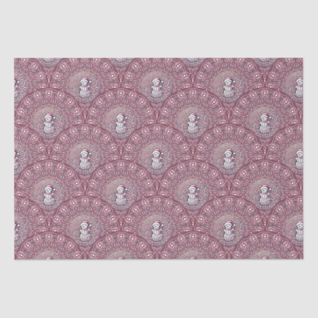 Whimsical Pink Snowman Mandala Art Deco Scallop Seidenpapier (Vorderseite)