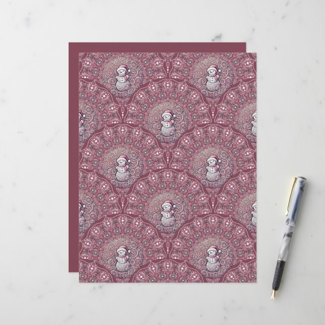 Whimsical Pink Snowman Mandala Scallop Scrapbook (Vorderseite/Rückseite Beispiel)