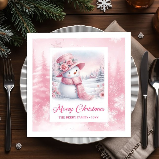 Whimsical Pink Snowman Napkins Winter Christmas  Serviette (Whimsical Pink Snowman Napkins Winter Christmas Scene)