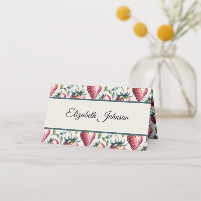Whimsical Pink Strawberry Summer Guest Name Platzkarte (Vorderseite)