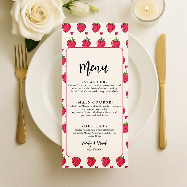 Whimsical Pink Strawberry Wedding Menükarte (Sweet strawberry wedding design for a fun romantic celebration)