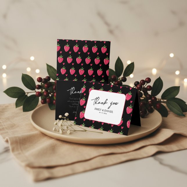 Whimsical Pink Strawberry wedding Thank You Card Dankeskarte (Von Creator hochgeladen)