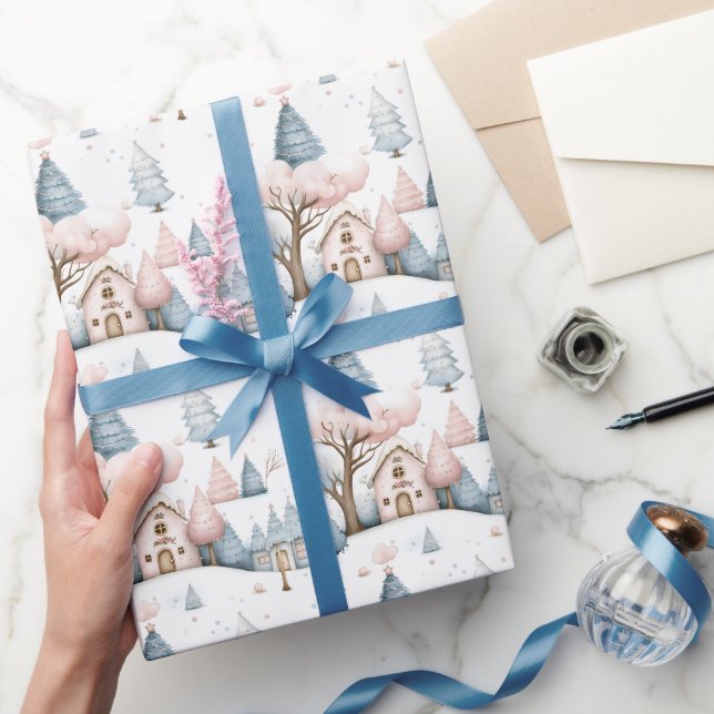 Whimsical Pink und Blue Christmas Village Geschenk Geschenkpapier (Schenken)