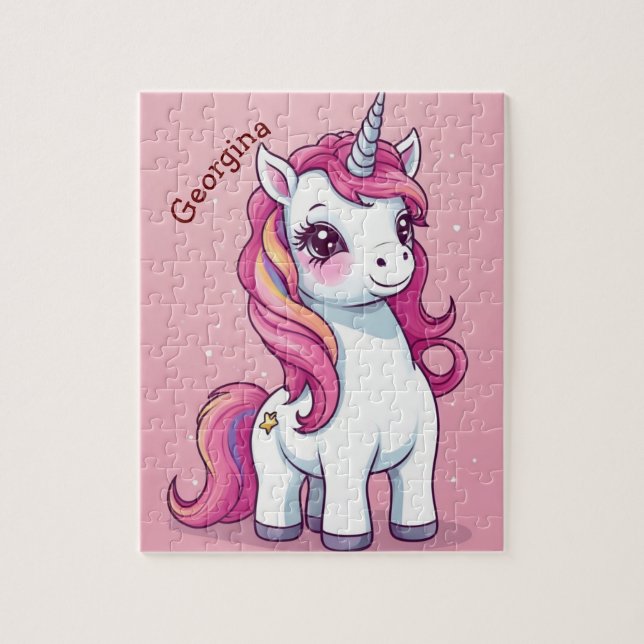 Whimsical Pink Unicorn Personalisiert Kids Puzzle (Vertikal)