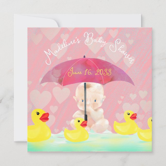 Whimsical Pink Vintag Ducky Umbrella Baby Dusche Einladung (Vorderseite)