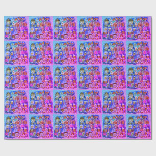 Whimsical Pink Violett Winterdorf Volkskunst Geschenkpapier
