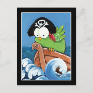 Whimsical Pirate Bird in einem Holzboot Postkarte
