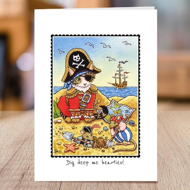 Whimsical Pirate Cat Mäuse Faltkarte Karte (Von Creator hochgeladen)
