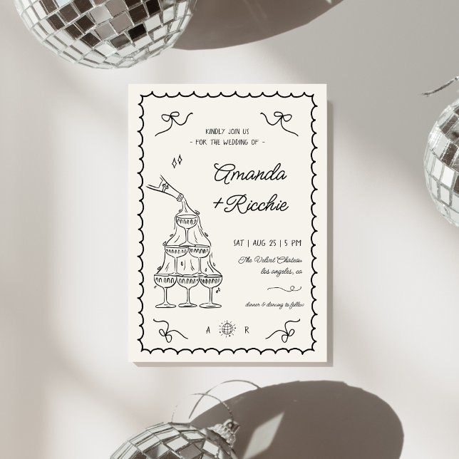 Whimsical Playful Champagner Tower Doodle Wedding Einladung (Von Creator hochgeladen)