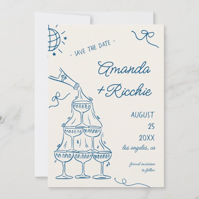 Whimsical Playful Champagner Tower Doodle Wedding Save The Date (Vorderseite)