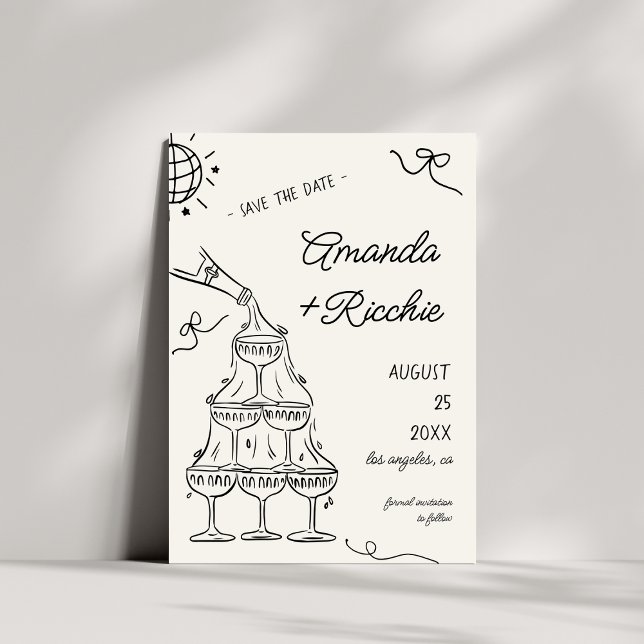 Whimsical Playful Champagner Tower Doodle Wedding Save The Date (Von Creator hochgeladen)
