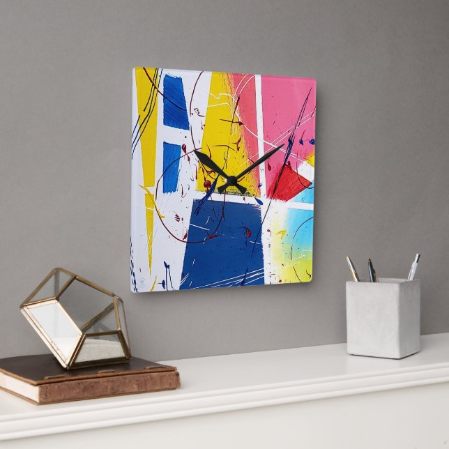 Whimsical Playful Clock Quadratische Wanduhr (Büro)